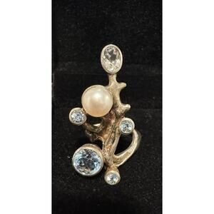 Size 9.5 Sterling Silver Ring With Aquamarine And Pearl